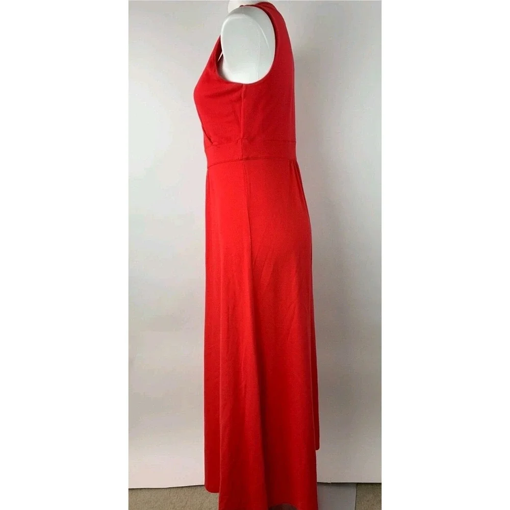 Lands' End Red Orange Maxi Dress Pima Cotton Stretch Surplice Bodice M Side Slit
